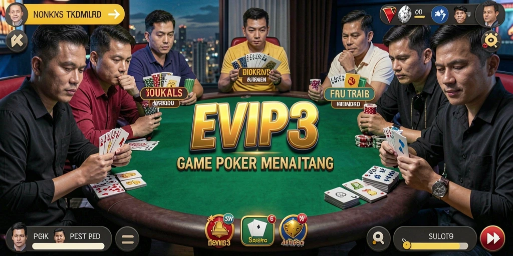 Tampilan gameplay seru di EVIP3 menunjukkan aksi poker yang mendebarkan.