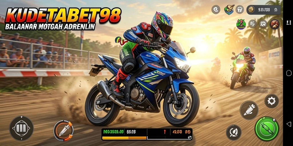 Screenshot KUDETABET98 menampilkan aksi balapan motor yang intens.