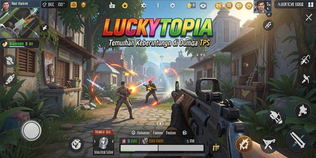 Screenshot gameplay LUCKYTOPIA menunjukkan aksi tembak-menembak yang intens.