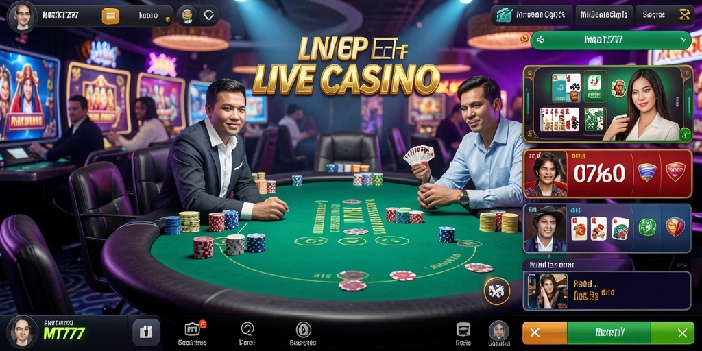 Screenshot permainan Live Casino yang menampilkan dealer profesional dan pemain yang bersemangat.