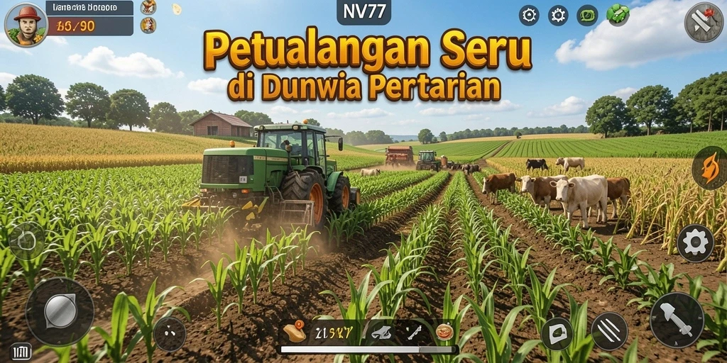 Tangkapan layar NV77 yang menunjukkan suasana ladang yang indah dengan aktivitas bertani.