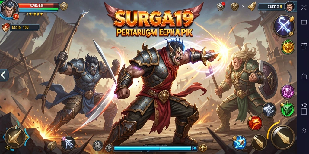 Screenshot utama <strong>SURGA19</strong> menampilkan pertarungan intens antara karakter-karakter unik.